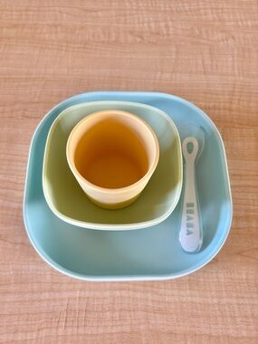 BEABA Silicone Meal Set 4pc Baby Plate Bowl Cup Spoon Blue Green Yellow